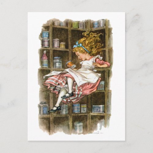 Alice floats down the rabbit hole postcard