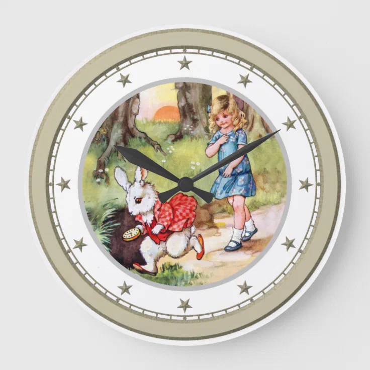 Alice Follows The White Rabbit To Wonderland Large Clock Zazzle