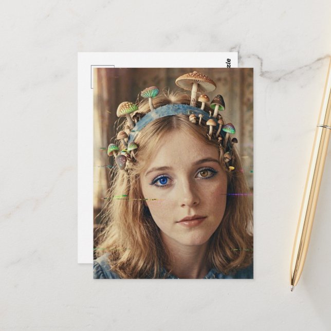 Alice Glitch Mushrooms on Head Postcard (Front/Back In Situ)