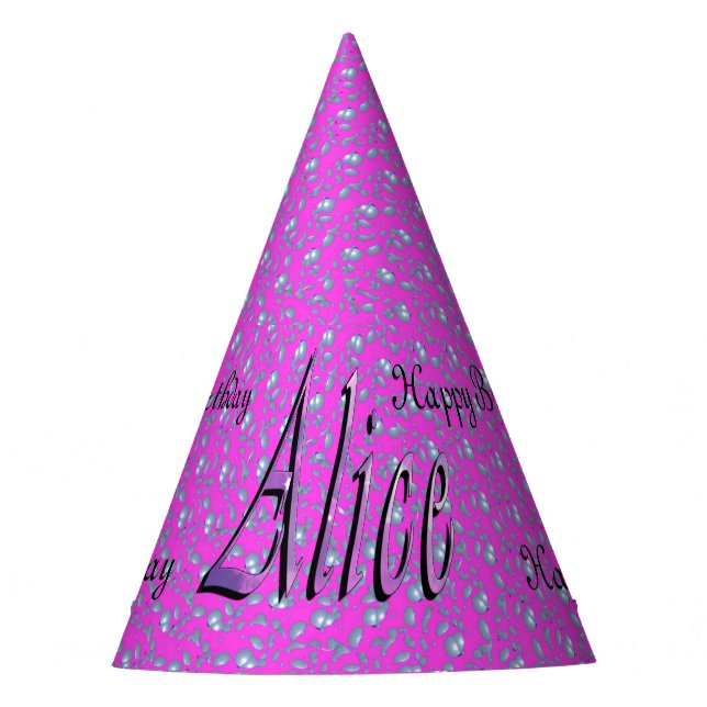 Alice, Happy Birthday, Pink Paper Party Hat. Hat (Front)