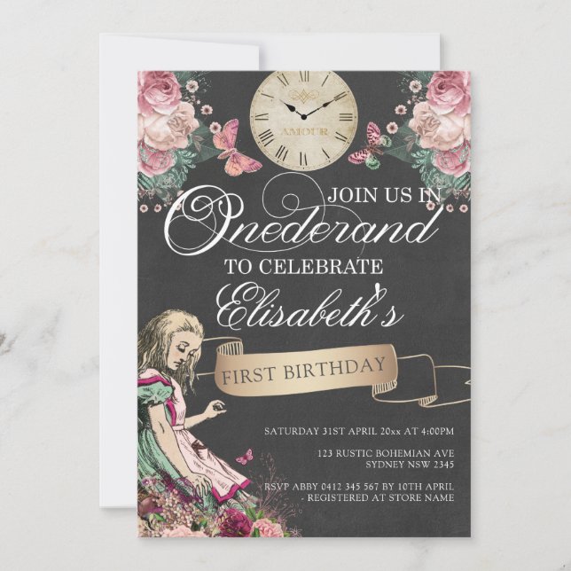 Alice in Onderland First Birthday Invitation (Front)