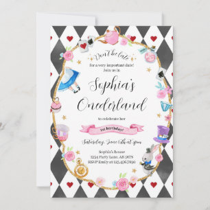 Alice in Onederland 1st Birthday Black Invitation