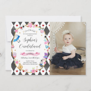 Alice in Onederland 1st Birthday Black Photo Invitation