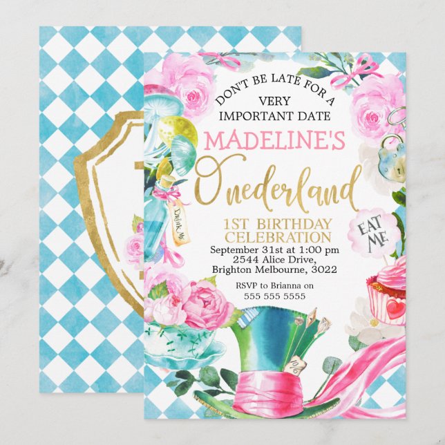 Alice In Onederland 1st Birthday Invitation (Front/Back)