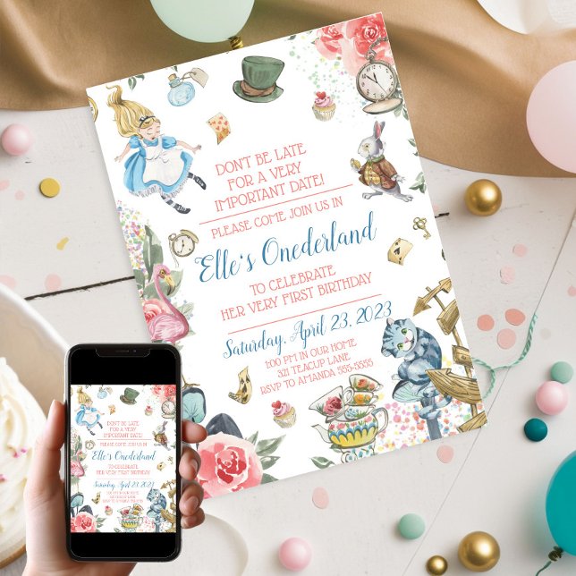 Alice in Onederland 1st Birthday Party Invitation (Alice In Wonderland First Birthday Party Invitation)