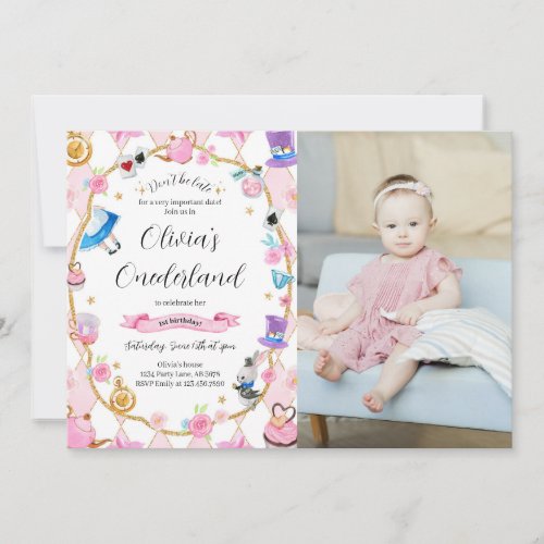 Alice in Onederland 1st Birthday Pink Photo Invitation