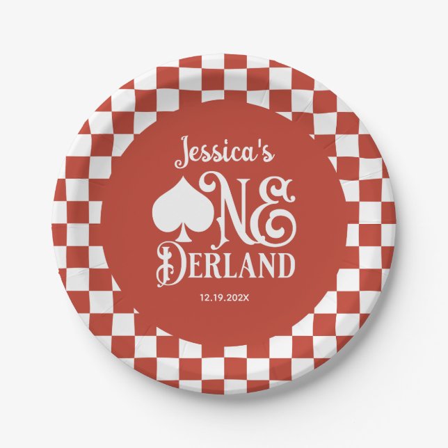  Alice in ONEderland 1st Birthday Red Checkered Paper Plates (Front)