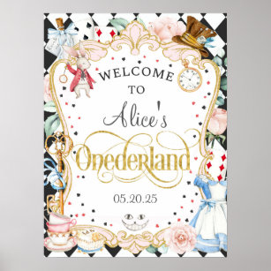 LaVenty 2 PCS Alice In Wonderland First Birthday Banner Alice In Wonderland  First Birthday Decorations Alice In Wonderland One Banner Alice In