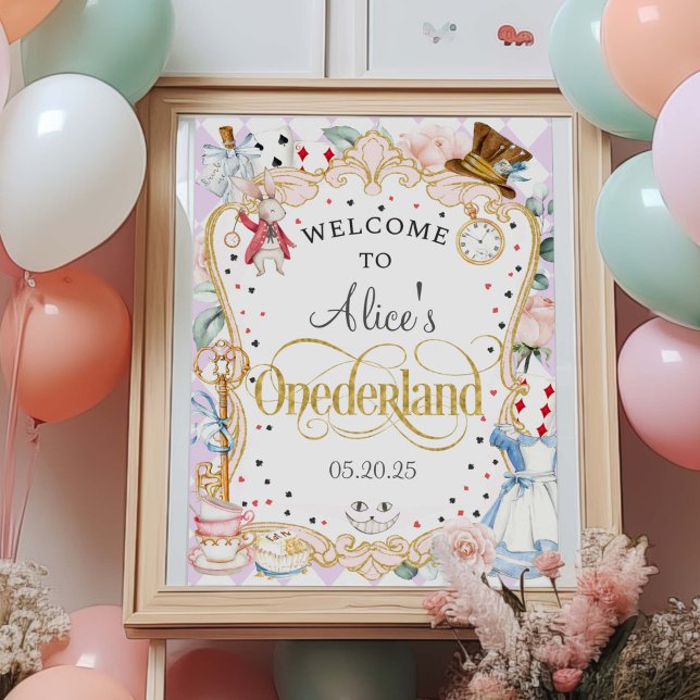Alice in Onederland, 1st birthday welcome sign (Purple, alice in wonderland, Mad hatter, tea party, girl 1st birthday, welcome sign.)