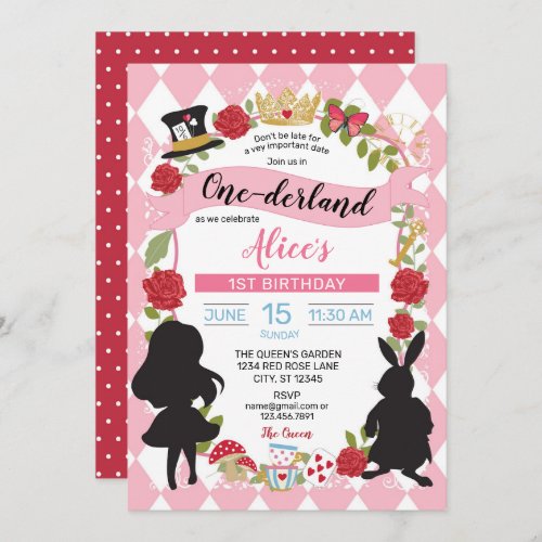 Alice In Onederland Birthday Invitation PinkRed