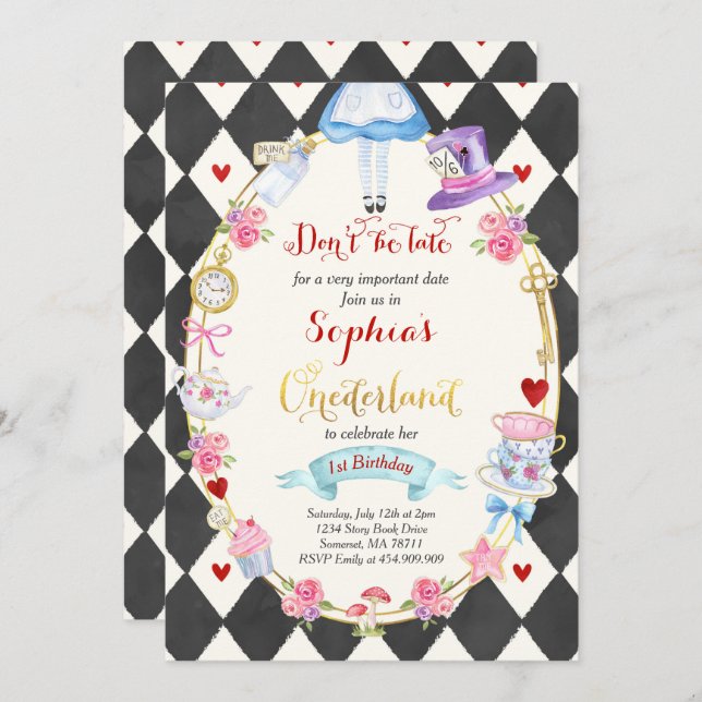Alice In ONEderland Birthday Invitation Tea Party (Front/Back)