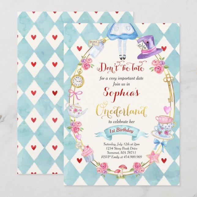 Alice In ONEderland Birthday Invitation Tea Party (Front/Back)