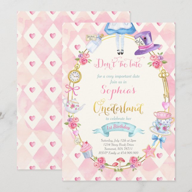 Alice In ONEderland Birthday Invitation Tea Party (Front/Back)