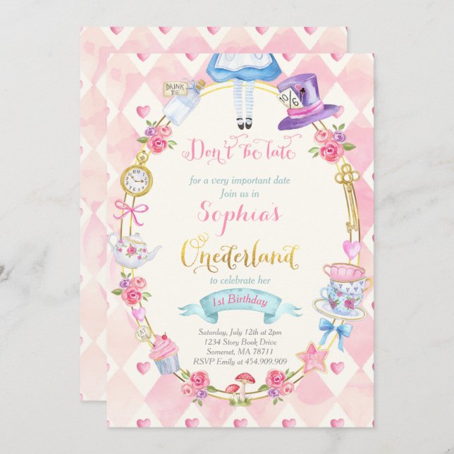 Alice In ONEderland Birthday Invitation Tea Party (Front/Back)