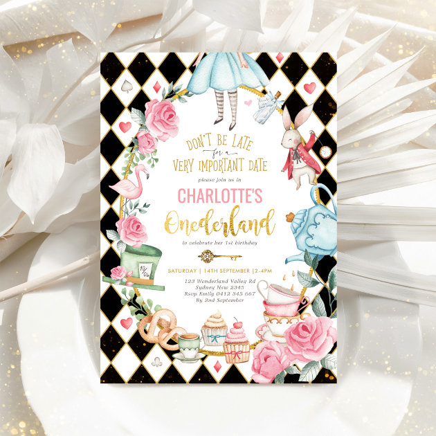Alice in Onederland Birthday Mad Hatter Tea Party Invitation