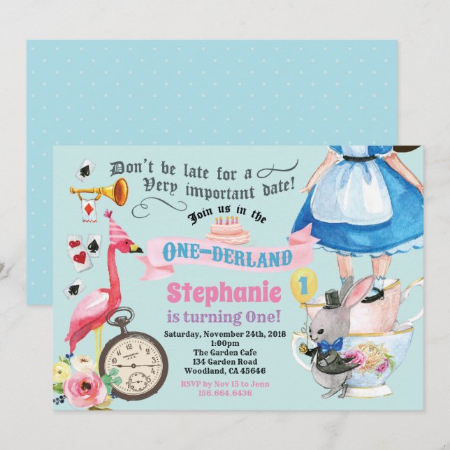 Alice in ONEderland birthday tea party blue Invitation (Front/Back)