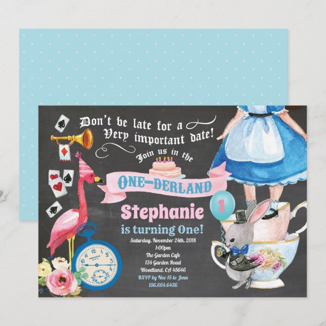 Alice in ONEderland birthday tea party chalkboard Invitation (Front/Back)