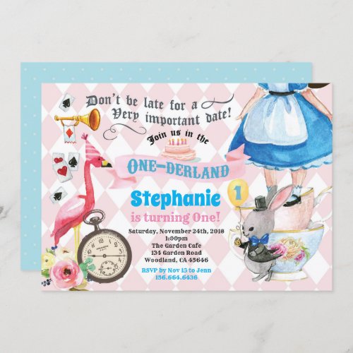 Alice in ONEderland birthday tea party pink Invitation