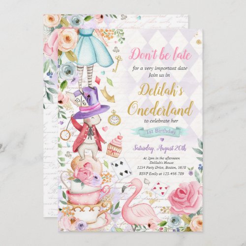 Alice In ONEderland Birthday Whimsical Tea Party Invitation