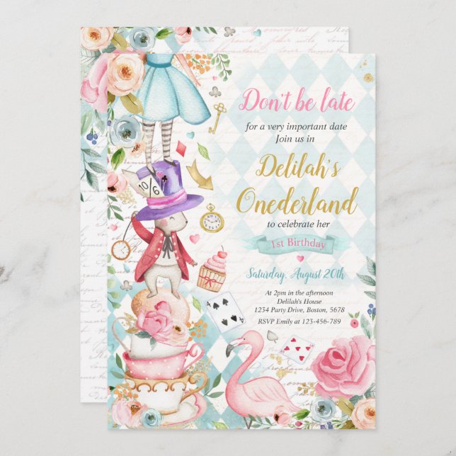 Alice In ONEderland Birthday Whimsical Tea Party  Invitation (Front/Back)
