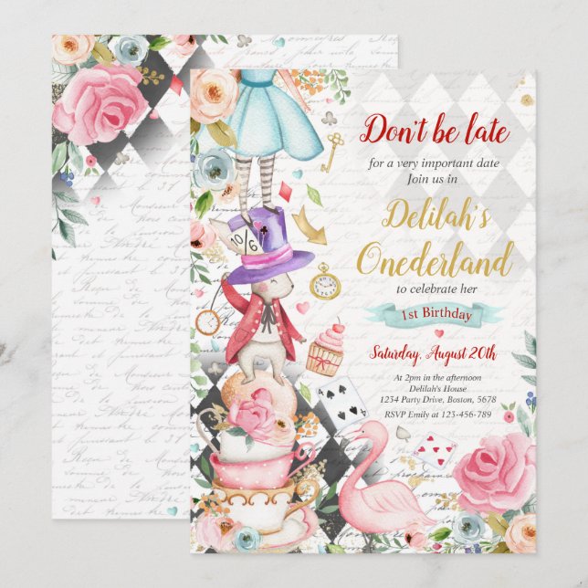 Alice In ONEderland Birthday Whimsical Tea Party  Invitation (Front/Back)
