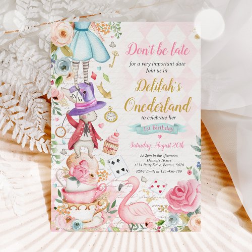 Alice In ONEderland Birthday Whimsical Tea Party Invitation