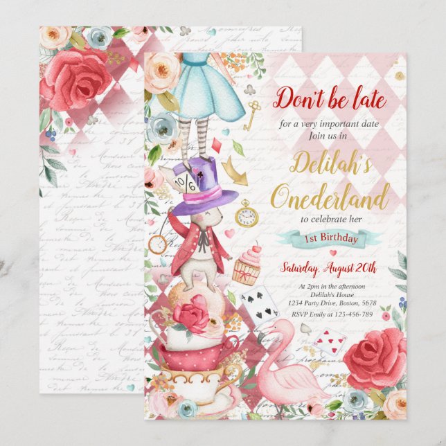 Alice In ONEderland Birthday Whimsical Tea Party   Invitation (Front/Back)