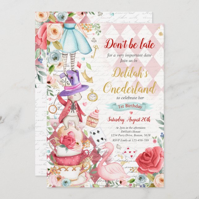 Alice In ONEderland Birthday Whimsical Tea Party   Invitation (Front/Back)