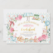 Alice in Onederland Blue Pink Birthday Tea Party Invitation (Front)