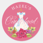 Alice in Onederland Florals & Blue Dress Birthday Classic Round Sticker (Front)