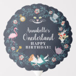 Alice in Onederland Kids 1st Birthday Balloon<br><div class="desc">Dive into a whimsical wonderland with this Alice in Onederland Kids 1st Birthday Balloon! Featuring a leafy wreath,  Alice falling,  and the White Rabbit & Cheshire Cat against a dark blue background,  it’s perfect for a party as enchanting as your little one!</div>