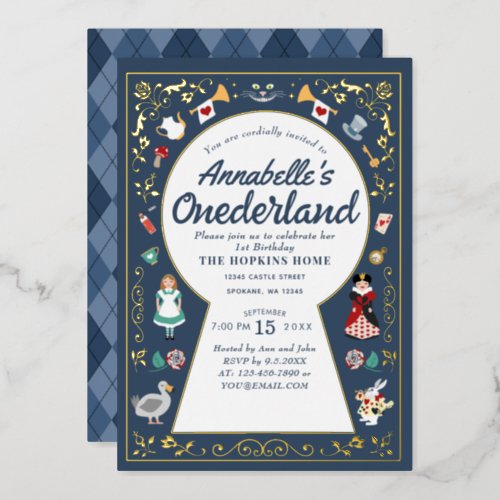 Alice in Onederland Kids 1st Birthday Foil Invitation