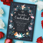 Alice in Onederland Kids 1st Birthday Invitation<br><div class="desc">Fall down the rabbit hole for a magical birthday celebration with this Alice in Onederland Kids 1st Birthday Design. This Alice in Wonderland invite features a leafy wreath, Alice, the White Rabbit & Cheshire Cat against a dreamy dark blue background. This design is our vision of the classic book Alice...</div>