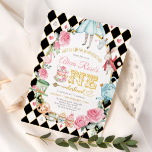 Alice in ONEderland Mad Hatter Tea Party Birthday Invitation