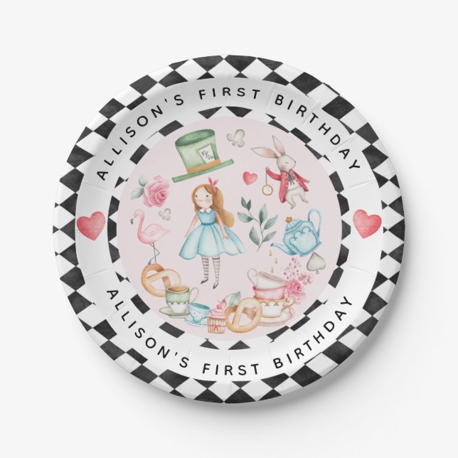 Alice in Onederland Tea Party Girl First Birthday Paper Plates (Front)