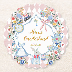 Alice in Onederland Whimsical Birthday Paper Coaster