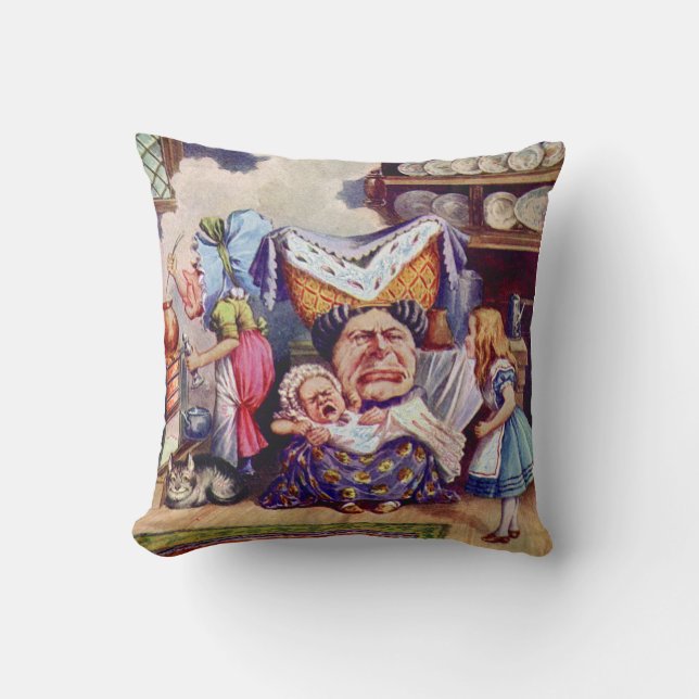 Alice in the Duchess' Kitchen with the Pig Baby Throw Pillow (Front)