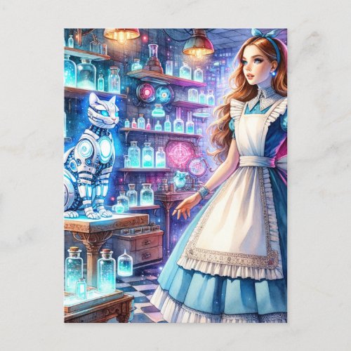 Alice in the Steampunk Apothecary With Robot Cat Postcard