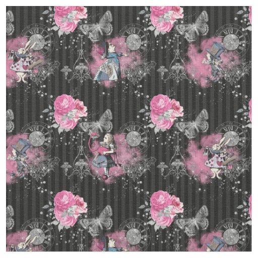 Alice in Winter Wonderland on Black Striped Fabric
