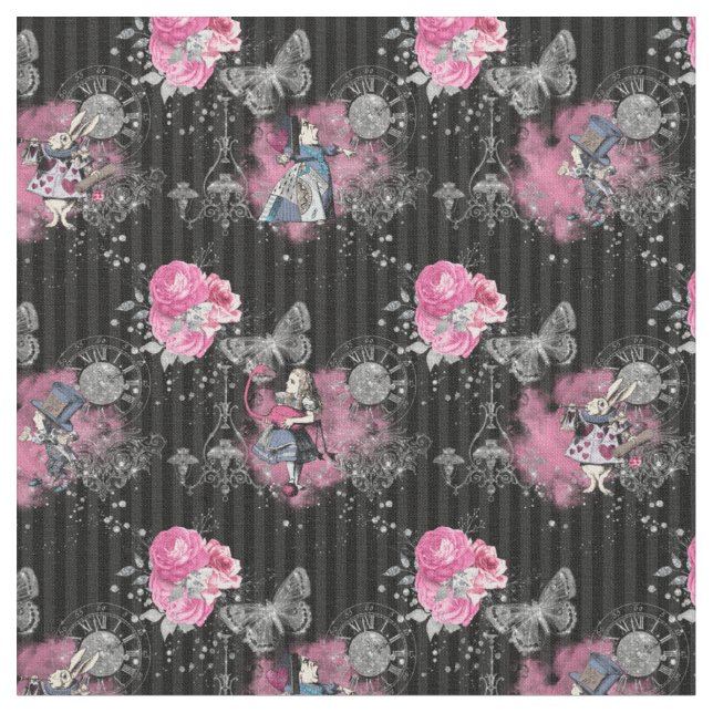 Alice in Winter Wonderland on Black Striped Fabric (Close Up)