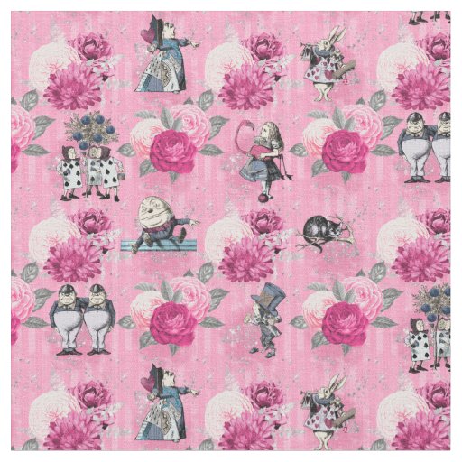 Alice in Winter Wonderland on Pink Striped  Fabric