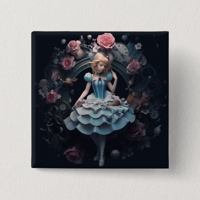 Alice in Wonderland 15cm Square Badge Button (Front)