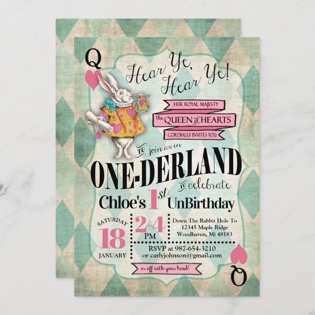 Alice in Wonderland 1st Birthday Invitations (Front/Back)