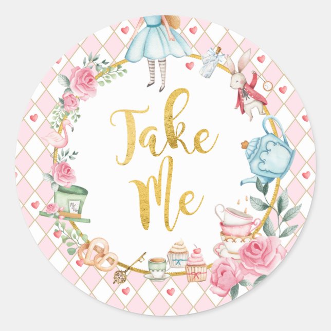 Alice in Wonderland 1st Birthday Onederland Favors Classic Round Sticker (Front)