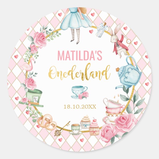 Alice in Wonderland 1st Birthday Onederland Favors Classic Round Sticker (Front)