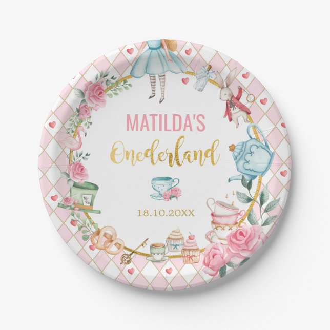 Alice in Wonderland 1st Birthday Onederland Favors Paper Plates (Front)