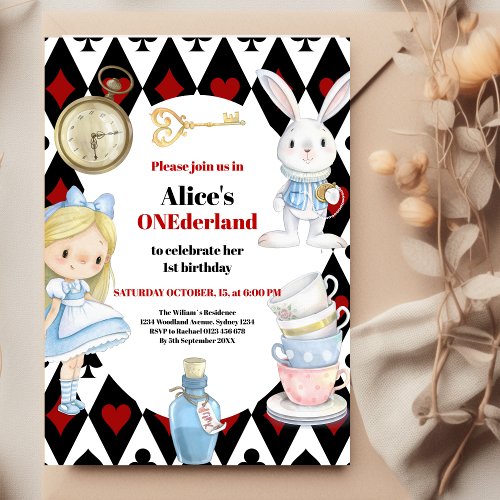 Alice in Wonderland 1st Birthday Onederland Party  Invitation