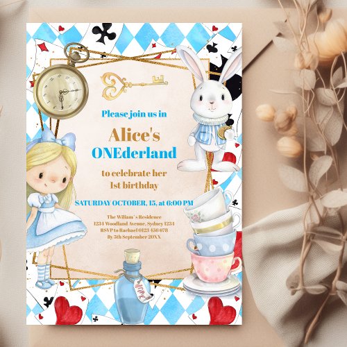Alice in Wonderland 1st Birthday Onederland Party  Invitation