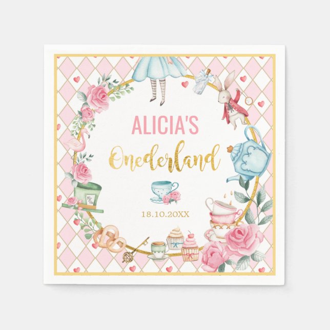 Alice in Wonderland 1st Birthday Onederland Party Napkins (Front)