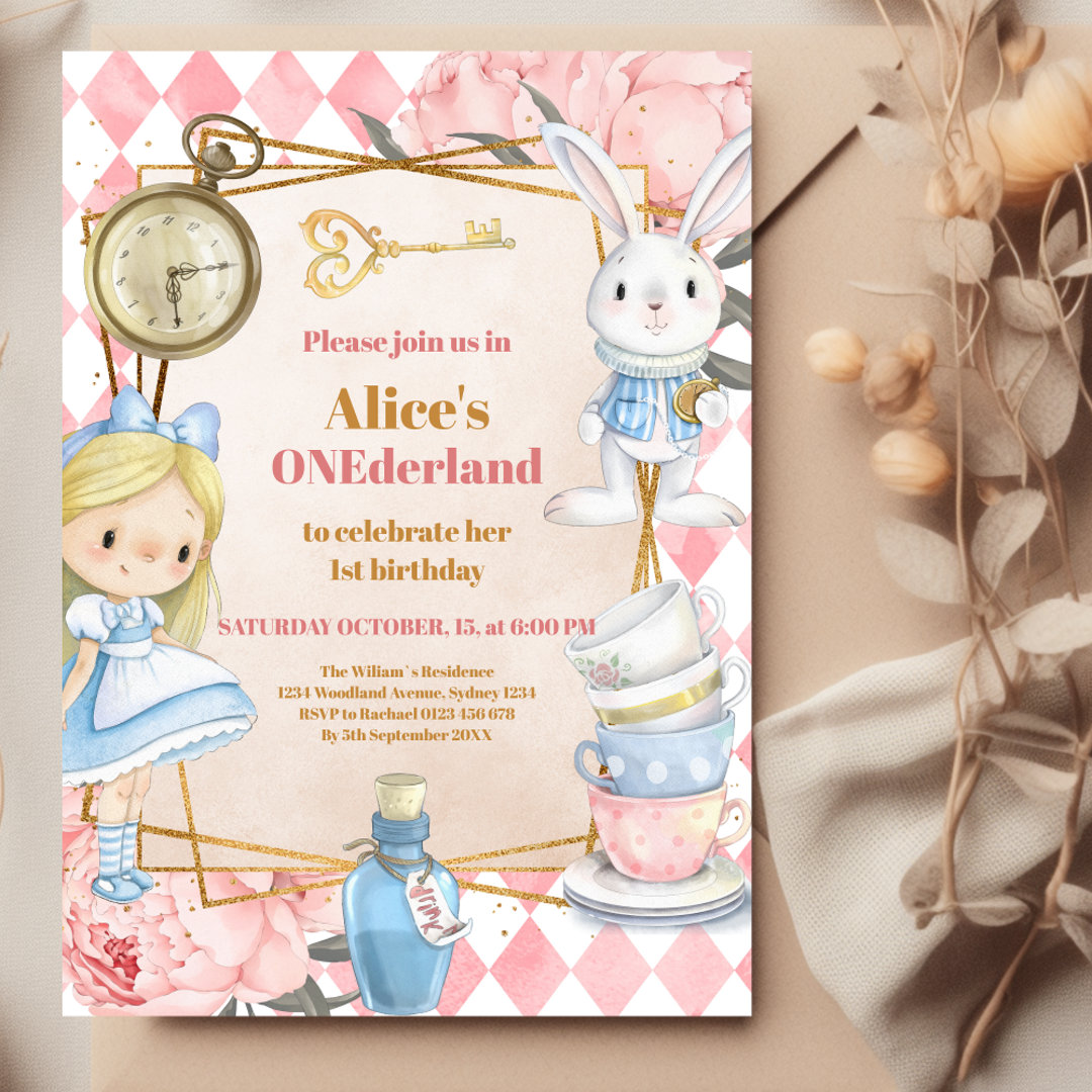 Alice in Wonderland 1st Birthday Onederland Tea Invitation